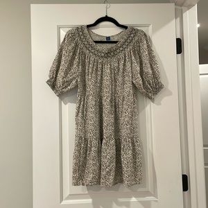 Puff-Sleeve Embroidered Smocked Mini Swing Dress. Size XS Petite